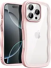JETech Wavy Case for iPhone 16 Pro 6.3-Inch, Cute Wave Frame Curly Shape Shockproof Phone Cover for Women and Girls, Clear Hard PC Back (Pink)