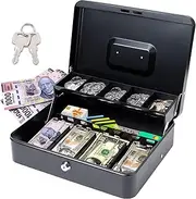 QZTHOU Security Money Box with Keys and Security Lock, Large Cash Box,Cash Register,with 4 Trays for Bills and 5 Deposits for Coins, for Safe Cash Storage,Black