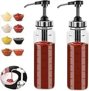 ZNZNANG 2PCS Sauce Pump Dispenser Glass, 17 oz Condiment Press Bottles- No Drip, Food Grade Pumps for Honey, Syrups, Oil, Condiments, Salad Dressings and More