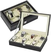 BucketList® 12 Slots Wrist Leather Watch Storage Box for Men & Women & others Display Case Organizer with Faux Leather Finish and Glass Window with 12 Slots 30 x 20 x 8 cm