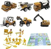 Alloy Engineering Vehicle Set 6, Children's Toy Digger Construction Vehicles Set, Road Signs, Road Signs and Construction Site Theme Cards, Sandpit Toy, Educational Toy Gifts
