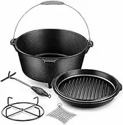 Joyfair Pre-seasoned Cast Iron Dutch Oven Set With Camp Pot & Griddle Skillet Lid, Accessories Kit (7.6QT Pot & 2QT Lid) for Stewing Baking Sourdough Bread