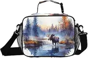 Moose Foggy Forest Watercolor Insulated Lunch Box for Women Men - Ideal for Work, Picnics - Includes Adjustable Shoulder Strap