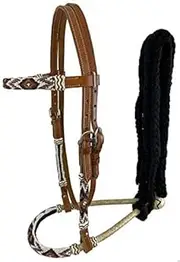 Showman Leather Bosal Headstall w/Southwest Beaded Design and Black Mecate Reins,Average Full Size Horse