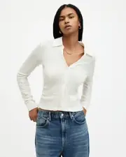 All Saints Womens Open Neck Shirt Connie Long Sleeve Slim Fit Textured Collared