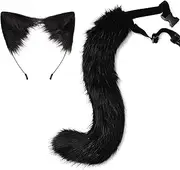 [Haayymo] Cat Ears Headband Wolf Fox Tail Set Handmade Animal Cosplay Costume Faux Fur Headdress Party Accessories(Black)