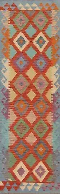Pastel Color Southwestern Reversible Kilim Hand woven Narrow Runner Rug 3'x10'