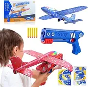 OneAndes 2 Pack Airplane Launcher Toys for 3 4 5 6 7 Boys - 2 Plane Launcher for Boy Toy Age 6-8 w/ 5 Darts, 2 Flight Modes LED Foam Glider Catapult, Outdoor Flying Toy for Kids 3-9 Year Old