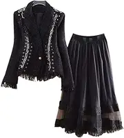 [Mkjuuior] Women's 2-Piece Retro Tweed Chain Suit Top + A-Line Mesh Skirt Suit