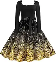 [Generic] Shiny Christmas Dress, Women's Evening Dresses with Sequins Print, Long Sleeve Christmas Dresses, Festive Dresses for Christmas Eve, Party, Holiday Costume, Gold #5, XL