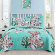 3 Pieces Quilt Set King Coastal Boho Quilt Coverlet Set Starfish Aqua Bedspread
