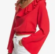 NWT Roxy Red Ruffle Blouse Flare Sleeve Gauze Top Sz L Holiday Christmas Peasant