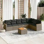 8 Piece Grey Poly Rattan Garden Sofa Set with Cushions - Outdoor Patio Furniture Set with Acacia Wood Table, UV-Resistant, Modular Design for Backyard, Terrace, Porch