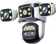Security Camera 10K Outdoor 10X Optical Zoom PTZ Four Lens Four Screen 20MP Waterproof Automatic Tracking Video Cam CCTV(A/U,8K Cam No SD Card)