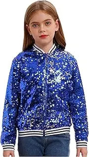 [Jugaoge] Kids Girls Shiny Sequins Jacket Baseball Coat Long Sleeve Front Zip Up Outerwear Jazz Modern Dance Party Jackets