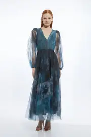Blurred Floral Tulle Plunge Maxi Dress