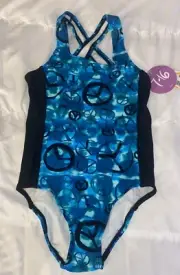 NWT Total Girl Peace Sign One Piece Swimsuit 7 Blue (B2)