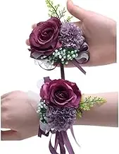 2 Rose Flower Wrist Corsage Boutonniere Set,Handmade Silk Flower for Bride Hand Flower Men Boutonniere, Prom Artificial Flower Wrist Corsage Bracelets (Purple)