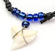 Genuine Bull Shark Tooth Glass Neon Electric Blue Beaded Cord Necklace Oceanicshark Au 074