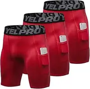 [EARGFM] Athletic Compression Shorts for Men Running Workout Underwear Spandex Shorts with Pockets Cool Dry Baselayer 3 Pack, Red*3, X-Large