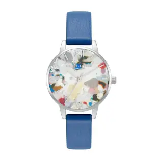 【Olivia Burton】POP ART-鋼色殼太陽紋彩屑彩繪銀面藍色ECO帶腕錶搭鋼色米蘭帶組-30mm(OBGSET151)