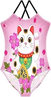 [RPLIFE] Cute Maneki Neko Pink Girls' Swimwear, Beach Swimsuit Girls 3-10 Y with Adjustable Shoulder Strap, 3-10 Y