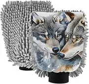 XYMZR Wolf Family Watercolor Absorbent Microfiber Car Wash Mitt, Funny Cute Anime Scratch Free for Cars Cleaning, Home Cleaning Mitts, 2 Pack, 10.24” L x 7.09” W