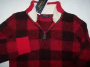 NWT Polo Ralph Lauren RED/BLACK CHECK Half-Zip Sweater Boy 7 SHERPA-LINED COLLAR
