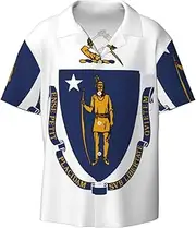 [VPPUR] Massachusetts State Flag Print Fashion Short Sleeve Button Down Cuban Collar Shirt Left Chest Convenient Pocket