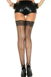 Black Fishnet Thigh Highs Back Seam and Lace Top Stockings O/S New