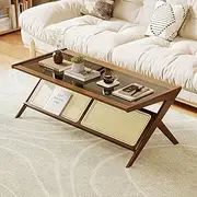 [Bamworld] Mid-Century Modern Coffee Table with Glass Top Rattan Center Table with Storage for Living Room Table Brown