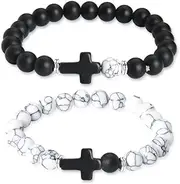[yaozeio] Couples Bracelets for Him and Her Wife Husband Anniversary Valentines Gifts for Boyfriend Girlfriend Best Friend Birthday Gift Cross Bracelet for Women Men Natural Stones Bracelets Set for 2