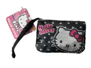 NEW Hello Kitty Black & Pink Sequin Coin Purse Makeup Bag Pouch Wrist Strap