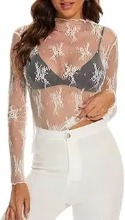 [Fleoewo] Womens Lace Long Sleeve Top Mesh Sheer Layering Top Mock Neck See Through Floral Shirt Tops