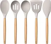 [E-far] Silicone Cooking Utensils Set, 5-Piece Kitchen Utensils Set with Wooden Handle for Cooking, Silicone Kitchen Nonstick Tools Spatula Turner Slotted Spoons, Nontoxic & Heat Resistant-Khaki