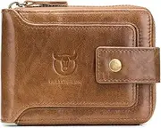 [BULLCAPTAIN] Genuine Leather RFID Wallet for Men Large Capacity ID Window Card Case with Zip Coin Pocket QB-231, Brown, Small, Minimalist