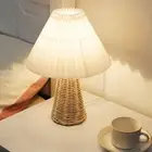 Pleated Table Lamp Bedside Night Lamp With Rattan Base Vintage Style Soft War A