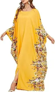 [AZIDWERYQ] Kaftan Dresses for Women, V Neck Batwing Sleeve Kaftan Dress Yellow Floral Dubai Muslim Robe One Size Long Pakistani Eid Ramadan Wedding Kaftan Dresses Muslim Dresses for Women