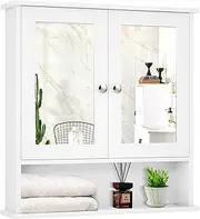 Bathroom Wall Mirror Cabinet, Wall Mounted Wooden Hanging Storage Cabinet Cupboard, w/2 Doors & 2 Mirrors, Inner Adjustable Shelf, Open Storage Shelf, Home Storage Organiser for Bathroom Kitchen Laundry, White/Gray/Brown (White)