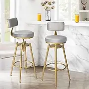 LEVEDE 2X Bar Stools Height Adjustable, 360° Swivel Bar Chairs with Backrest and Footrest, Velvet Seat Kitchen Counter Stools for Home Bar, Dining Room, Cafe, 150kg Capacity (Grey)
