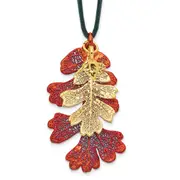 Fashion Iridescent Copper And 24K Gold Dipped Double Real Oak Leaves 20 Inch Leather Cord Necklace