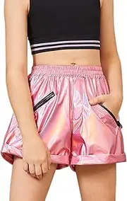 [Jxstar] Girls Metallic Shorts Shiny Dance Outfits Sparkly Hot Pants Party Costumes Shorts with Zipper Pockets