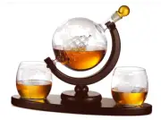 Whiskey Decanter Globe Set with 2 Etched Whiskey Glasses - for Liquor Scotch etc