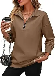 [Generic] Baweilder Womens Zip-Up Dropped Shoulder Sweatshirt with Pockets, Women Casual Quarter Zipper Pullover, Brown, Large