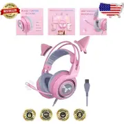 Cute Pink Cat Ear Gaming Headset with 7.1 Surround Sound and Noise Canceling Mic