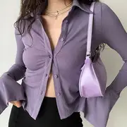 Bell Sleeve Plain Ribbed-Knit Slim-Fit Crop Shirt Purple - XXL