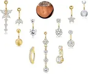 [sailimue] Gold Belly Button Ring - Surgical Stainless Steel 14G Navel Belly Button Piercing Jewelry Hypoallergenic Dangle Belly Rings for Women Silver/Gold 11Pcs