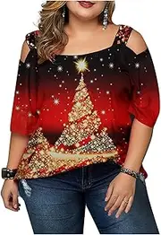 [Dawwoti] Women's Christmas Tree T-Shirt,Loose Off Shoulder Plus Size Short Sleeve Tops for Christmas Party