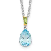 Sterling Silver Brilliant Gemstones With14K Accent Rhodium-Plated Sky Blue Topaz And Peridot 18 Inch Necklace With 2 Extender