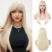 Blonde Wig with Bangs for Women Long Straight Blonde Wig for Grils Heat Resis...